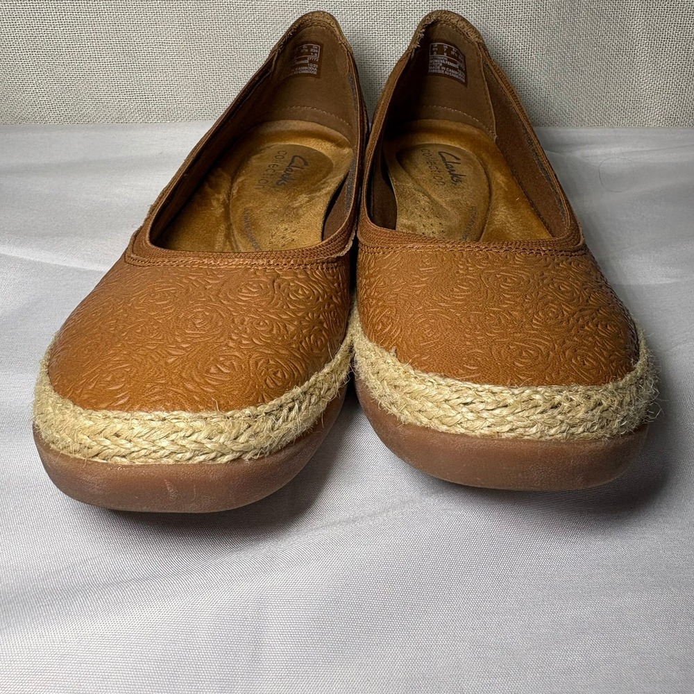 Clarks Elaina Rae Tan Leather Ballet Flats Floral Embossed Espadrille Size 7 - Picture 2 of 11